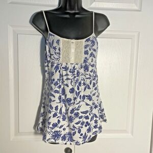 Vintage Poof Excellence Y2K Cami Women L White Blue Floral Babydoll Tank Top
